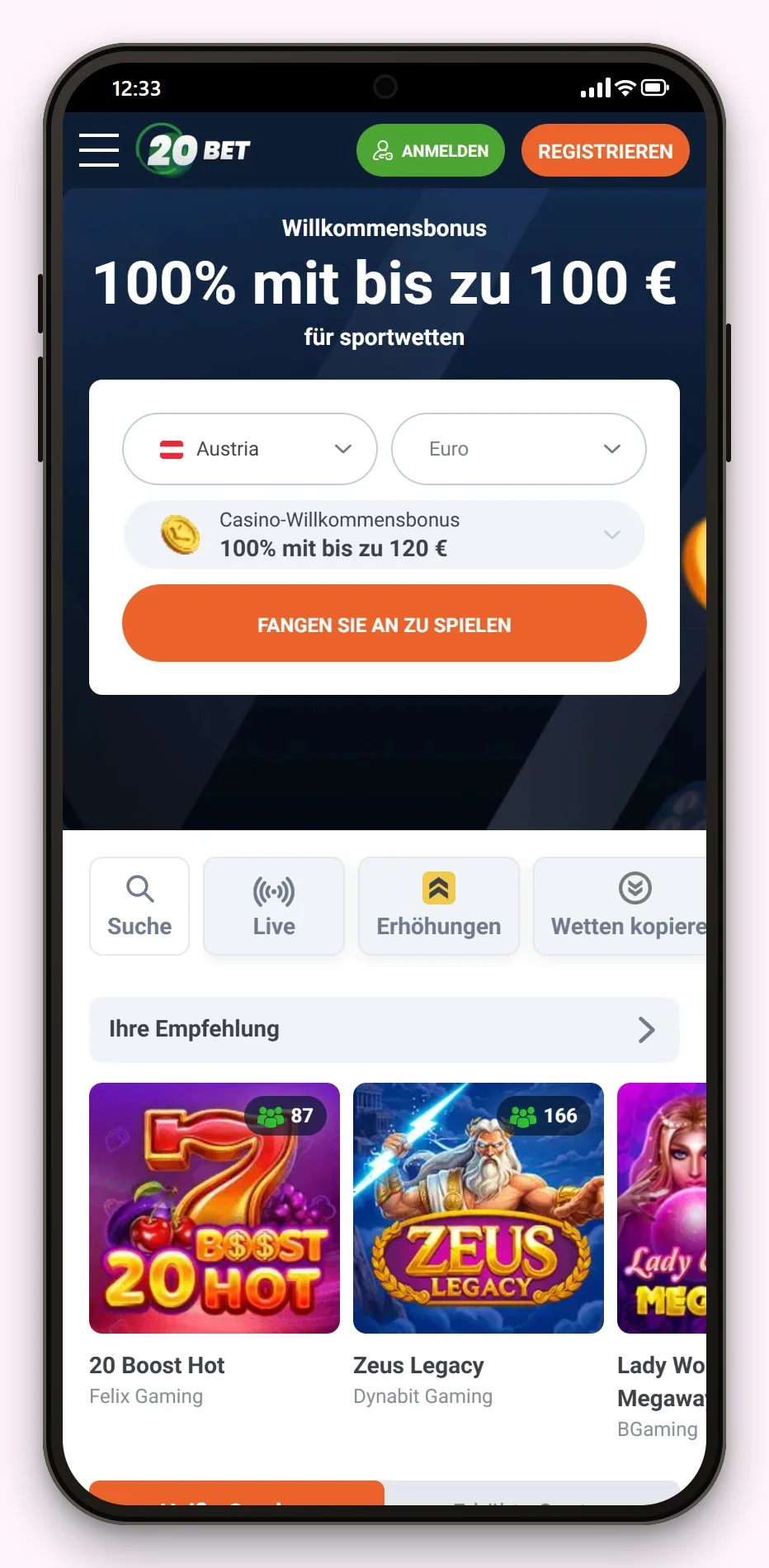 Casino mit Flexepin einzahlen: 20Bet mobile Lobby