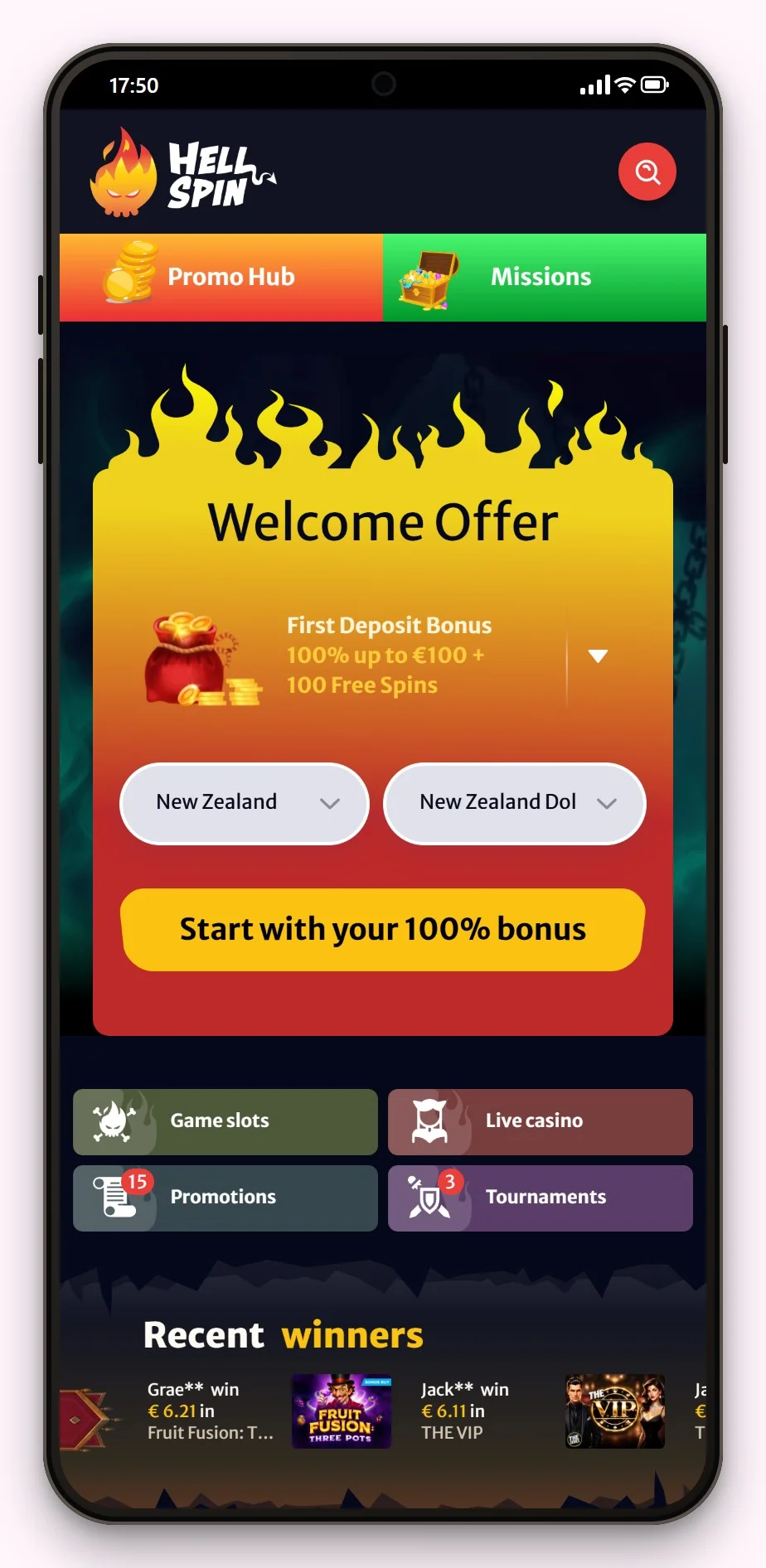 flexepin casino nz: HellSpin mobile lobby view