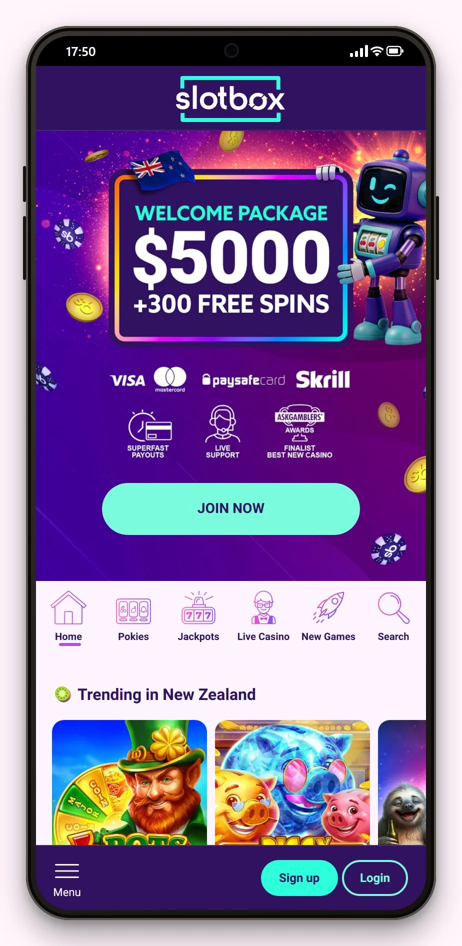 flexepin pokies: Slotbox mobile lobby on a phone